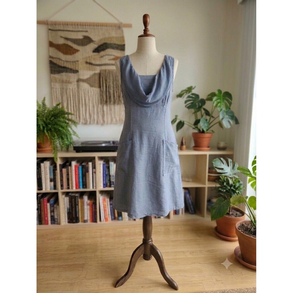 Melinera Made in Italy 100% Linen Mixed Media Cowl Neck Midi Dress Blue M